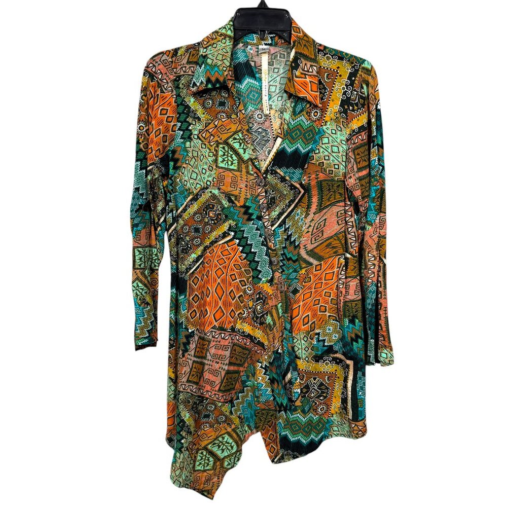 Uncle Frank Tunic Top Womens Medium Multicolor Print Boho Art to Wear Patchwork
